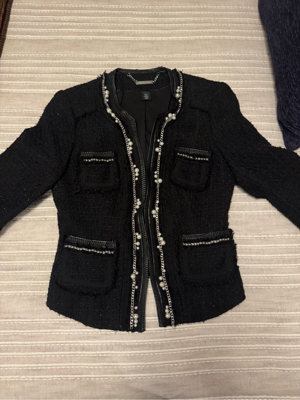 White House Black Market Classic Black Tweed Pearl-Trim Jacket